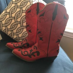 Women’s Red Western Heeled Cowboy Boots with Black Overlay